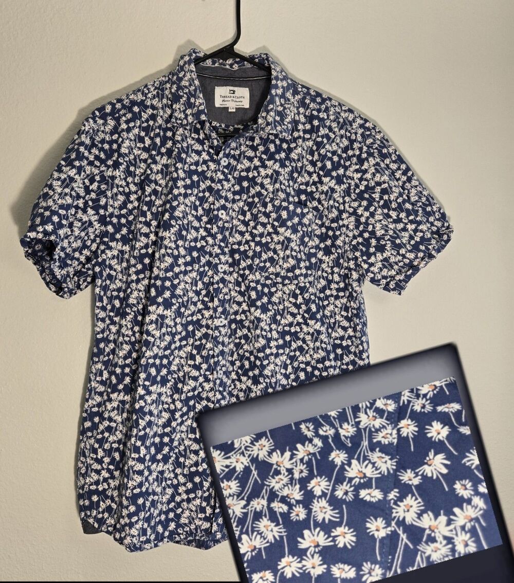 Thread & Cloth Floral Mens short sleeve button down shirt Daisy W/ Pocket size M